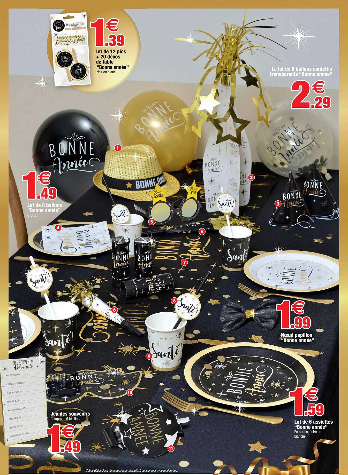 lot de 12 pics + 20 décos de table "bonne année", le lot de 6 ballons confettis transparents "bonne année", lot de 8 ballons "bonne année", nœud papillon "bonne année", jeu des souvenirs
