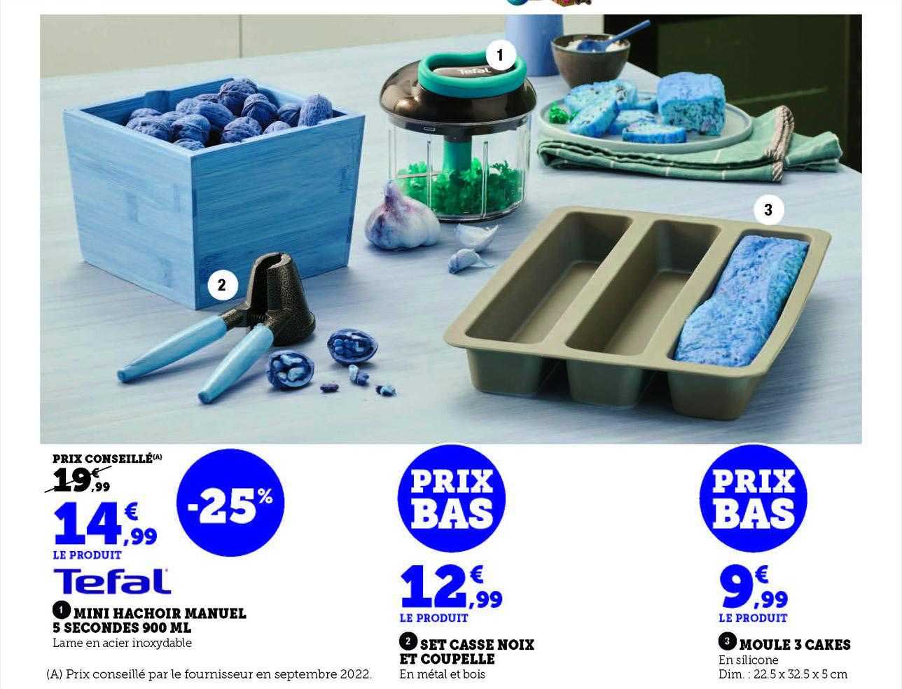 mini hachoir manuel 5 secondes 900ml tefal, set casse noix et coupelle, moule 3 cakes