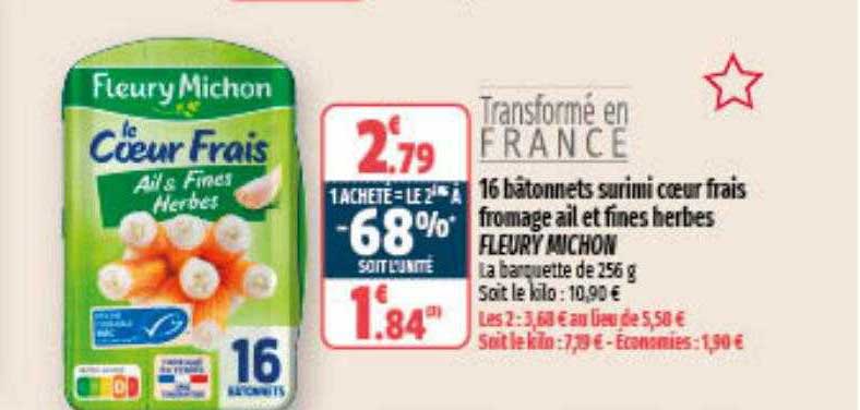16 Bâtonnets Surimi Cœur Frais Fromage Ail Et Fines Herbes Fleury Michon