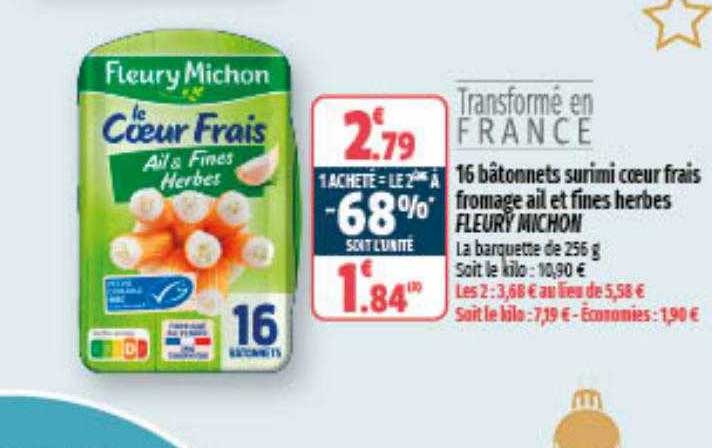 16 bâtonnets surimi cœur frais fromage ail et fines herbes fleury michon