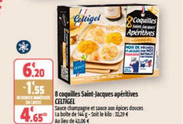 8 coquilles saint-jacques apéritives celtigel sauce champagne et sauce aux épices douces