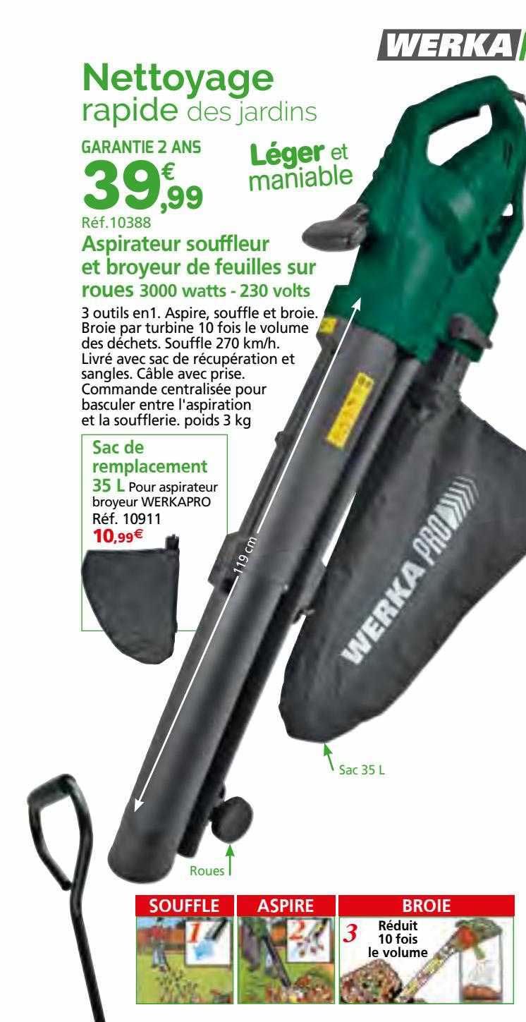 aspirateur souffleur et broyeur de feuilles sur roues 3000 watts - 230 volts werka pro