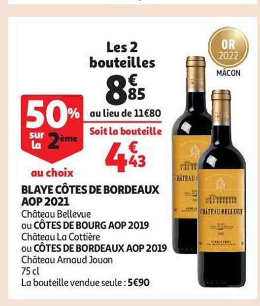 blaye côtes de bordeaux aop 2021 château bellevue ou côtes de bourg aop 2019 château la cottière ou côtes de bordeaux aop 2019 château arnaud jouan