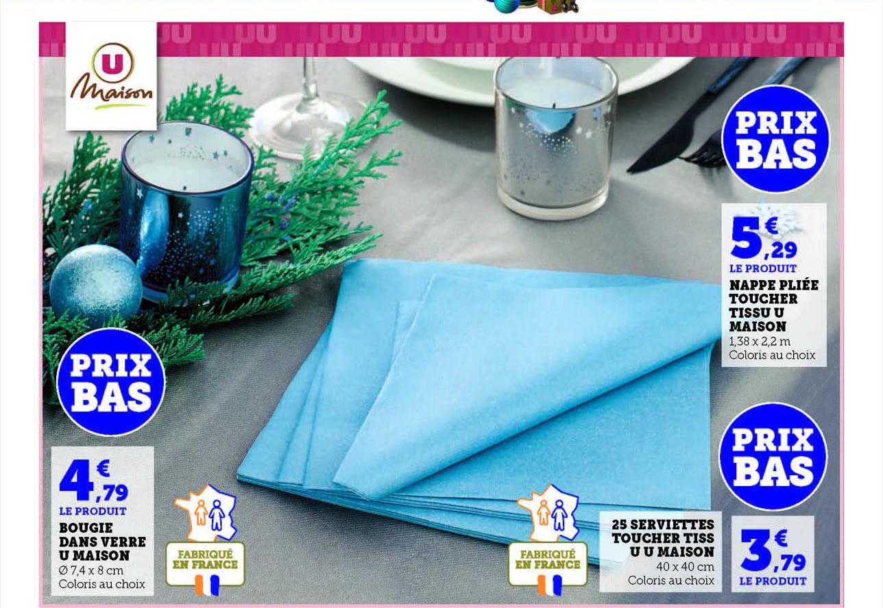 bougie dans verre u maison, nappe pliée toucher tissu u maison, 25 serviettes toucher tissu u maison