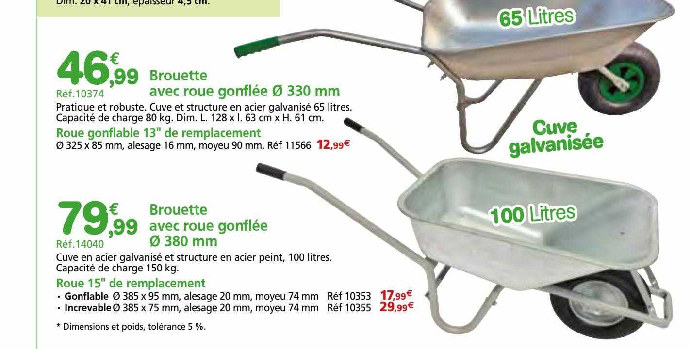 brouette avec roue gonflée ø 330 mm, roue gonflable 13" de remplacement, brouette avec roue gonflée ø 380 mm, roue 15" de remplacement