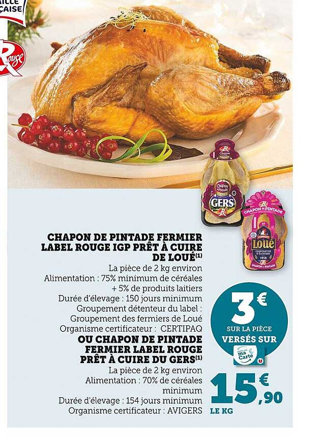 chapon de pintade fermier label rouge igp prêt à cuire de loué ou chapon de pintade fermier label rouge prêt à cuire du gers