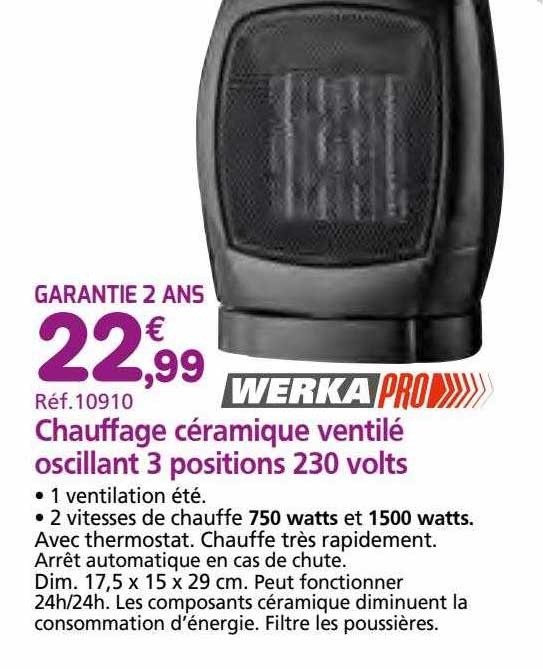 chauffage céramique ventilé oscillant 3 positions 230 volts werka pro