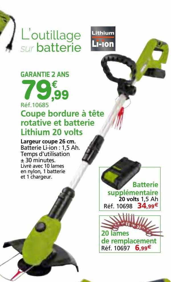 coupe bordure à tête rotative et batterie lithium 20 volts