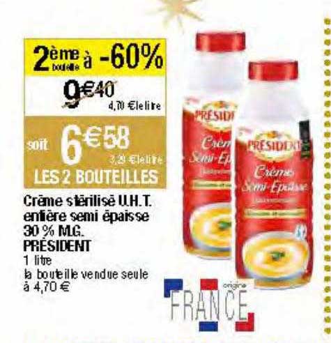 crème stérilisé u.h.t. entière semi épaisse 30% m.g. président
