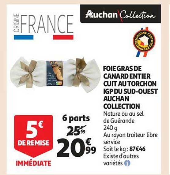 foie gras de canard entier cuit au torchon igp du sud-ouest auchan collection
