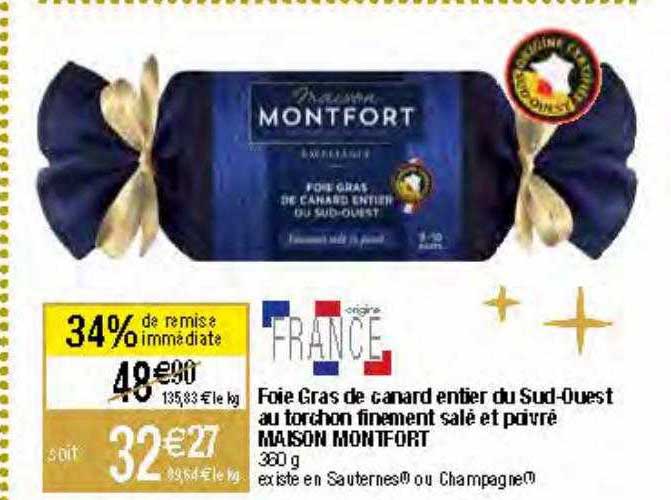 foie gras de canard entier du sud-ouest au torchon finement salé et poivré maison montfort