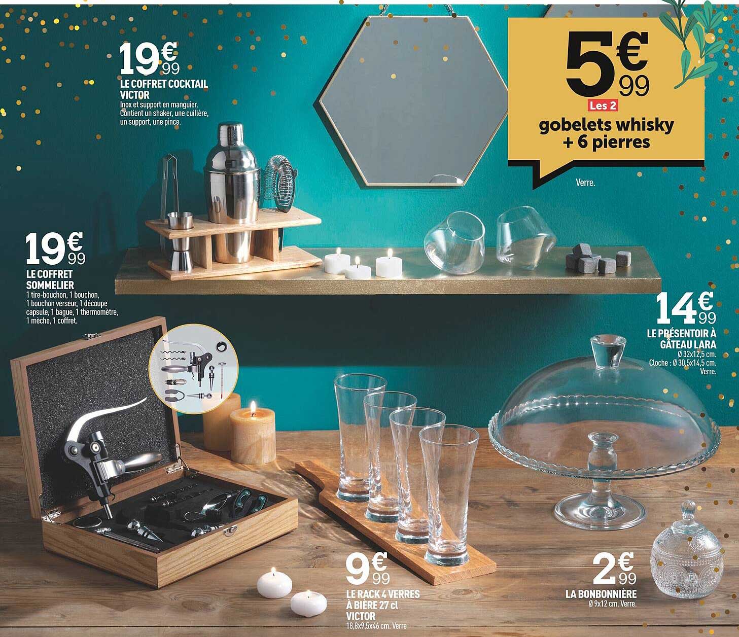 le coffret cocktail victor, le coffret sommelier, le rack 4 verres à bière 27 cl victor, la bonbonnière, le présentoir à gâteau lara, gobelets whisky + 6 pierres