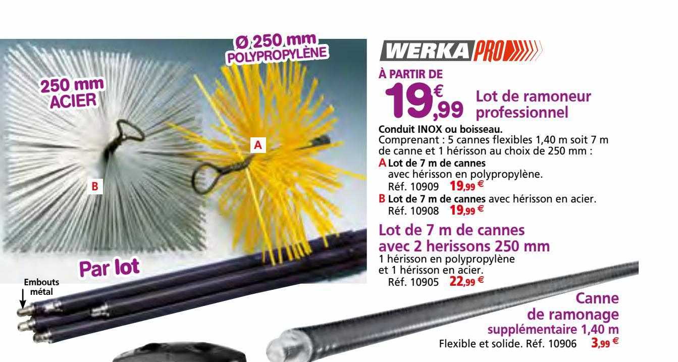 Lot De Ramoneur Professioinnel Werka Pro, Lot De 7 M De Cannes Avec 2 Herissons 250 Mm Werka Pro, Canne De Ramonage Supplémentaire 1,40 M Werka Pro