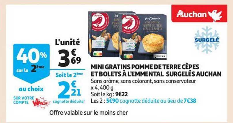 mini gratins pomme de terre cèpes et bolets à l'emmental surgelés auchan