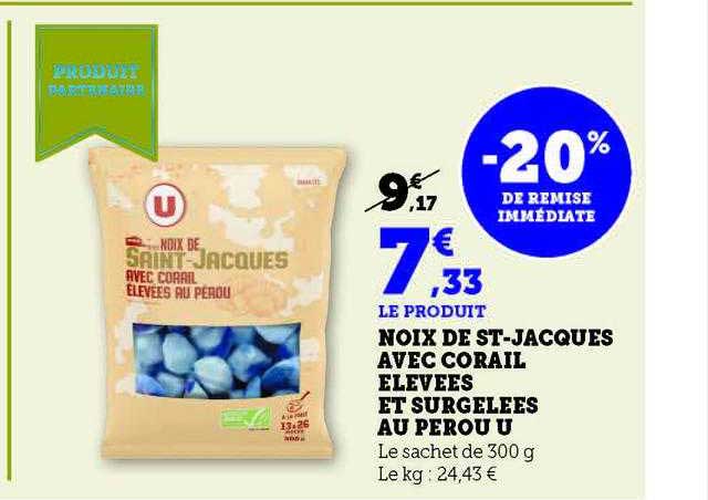 noix de st-jacques avec corail élevées et surgelées au pérou u