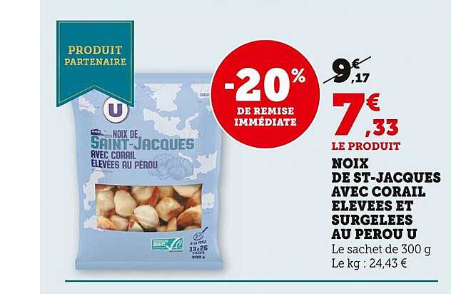 noix de st-jacques avec corail élevées et surgelées au pérou u