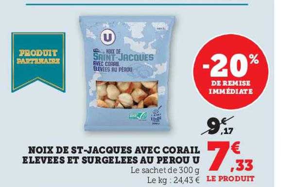 noix de st-jacques avec corail élevées et surgelés au perou u