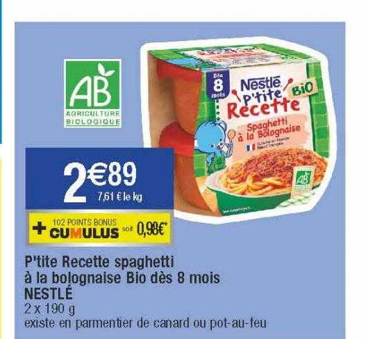 p'tite recette spaghetti à la bolognaise bio dès 8 mois nestlé