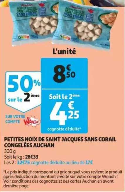 petites noix de saint jacques sans corail congelées auchan