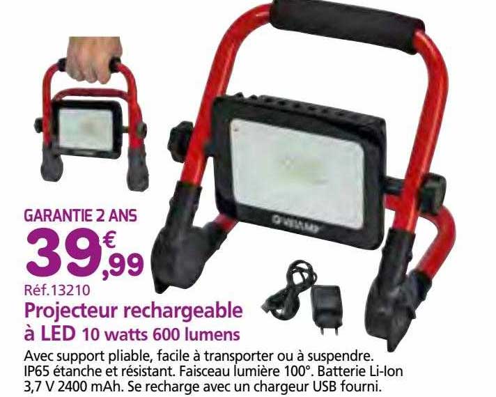 projecteur rechargeable à led 10 watts 600 lumens