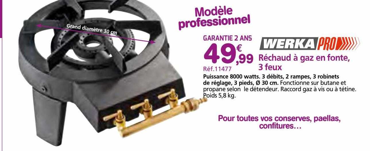 Réchaud à Gaz En Fonte, 3 Feux Werka Pro