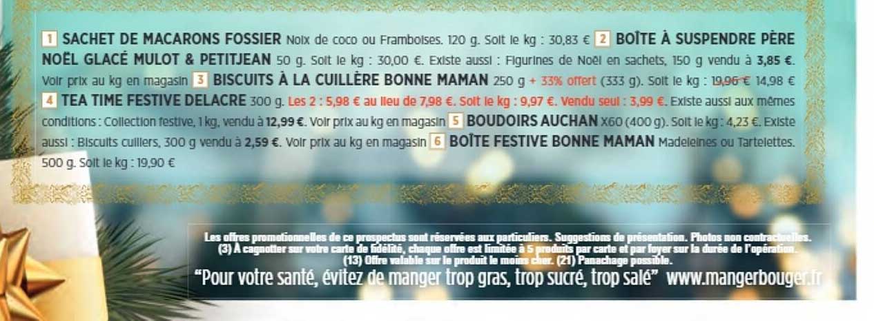 sachet de macarons fossier, boîte à suspendre père noël glacé mulot & petitjean, biscuits à la cuillère bonne maman, tea time festive delacre, boudoirs auchan, boîte festive bonne maman