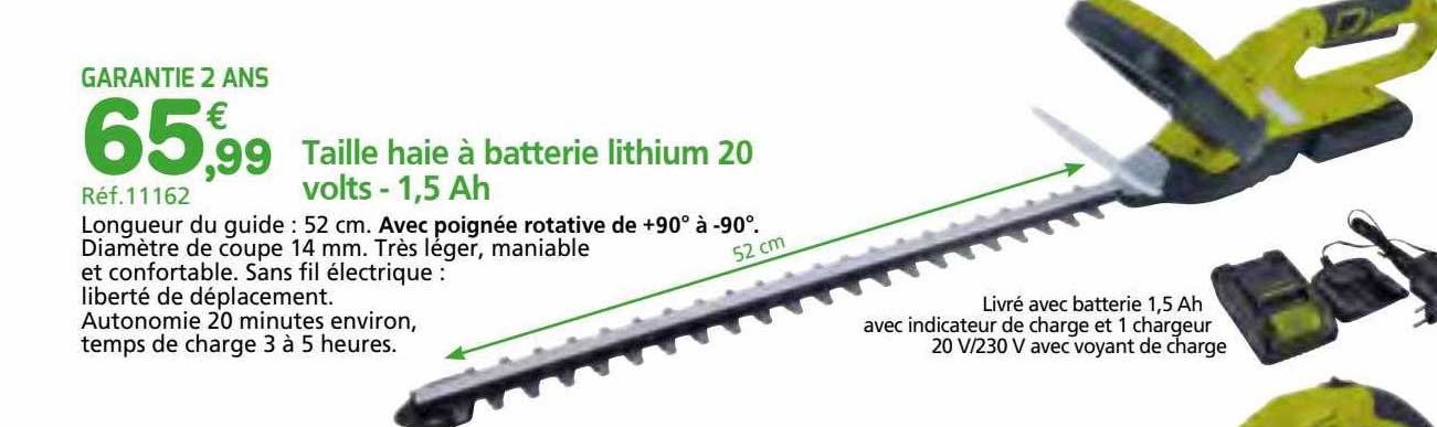 taille haie à batterie lithium 20 volts - 1,5 ah
