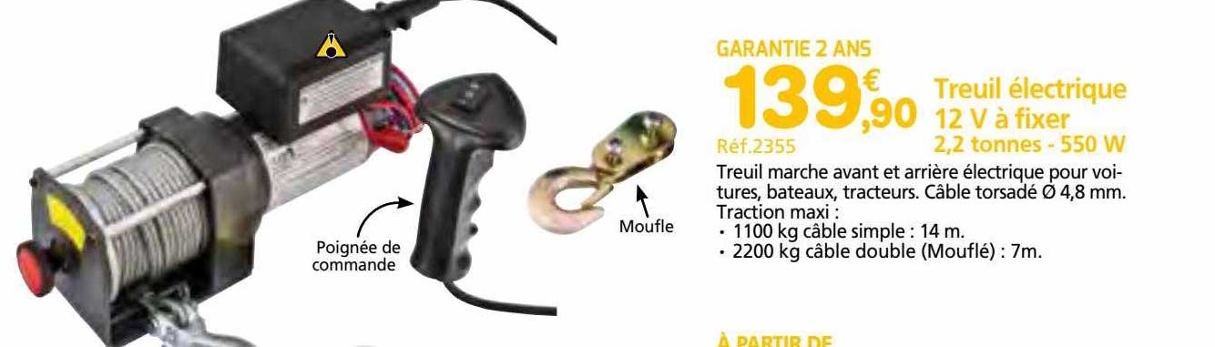 treuil électrique 12v à fixer 2,2 tonnes - 550 w