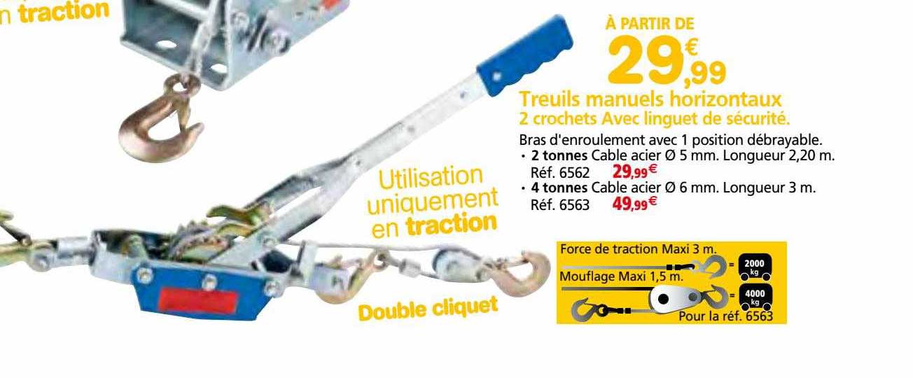 treuils manuels horizontaux 2 crochets avec linguet de sécurité