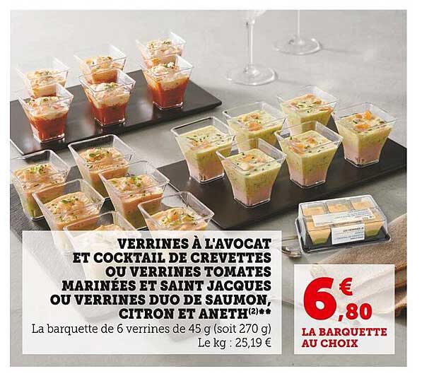 verrines à l'avocat et cocktail de crevettes ou verrines tomates marinées et saint jacques ou verrines duo de saumon citron et aneth