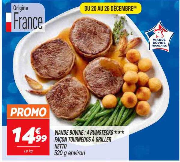 viande bovine : 4 rumstecks façon tournedos à griller netto