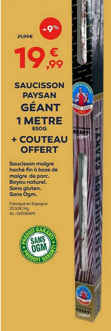 Saucisson Paysan Géant 1 Mètre + Couteau Offert