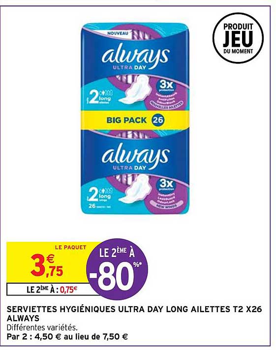 Serviettes Hygiéniques Ultra Day Long Ailettes T2 X 26 Always
