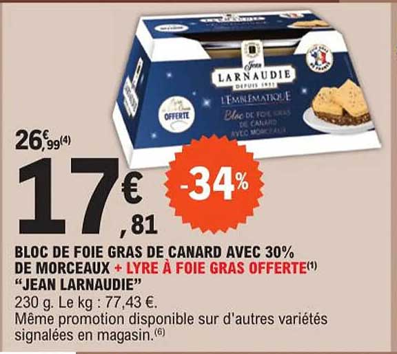 bloc de foie gras de canard avec 30% de morceaux + lyre à foie gras offerte "jean larnaudie"
