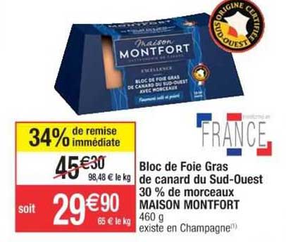 bloc de foie gras de canard du sud-ouest 30% de morceaux maison montfort