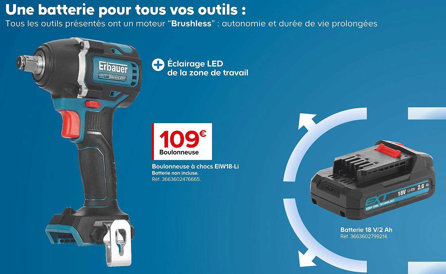 boulonneuse à chocs eiw18-li erbauer, batterie 18 v/2 ah erbauer