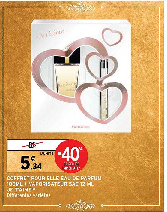 coffret pour elle eau de parfum 100 ml + vaporisateur sac 12 ml je t'aime