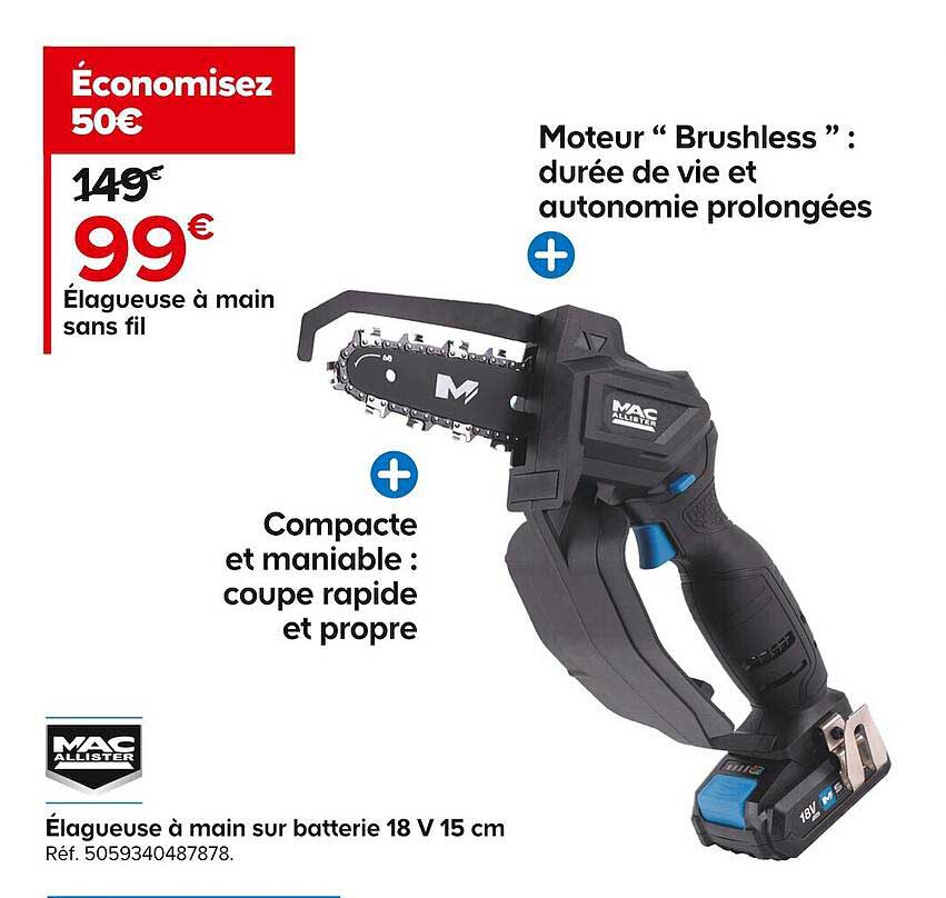 élagueuse à main sans fil sur batterie 18 v 15 cm mac allister