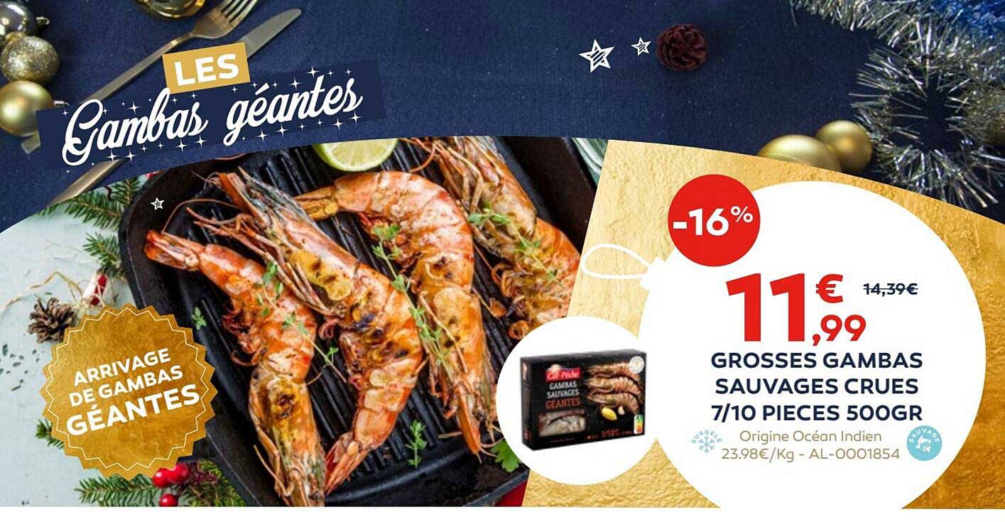 grosses gambas sauvages crues 7/10 pièces 500 gr
