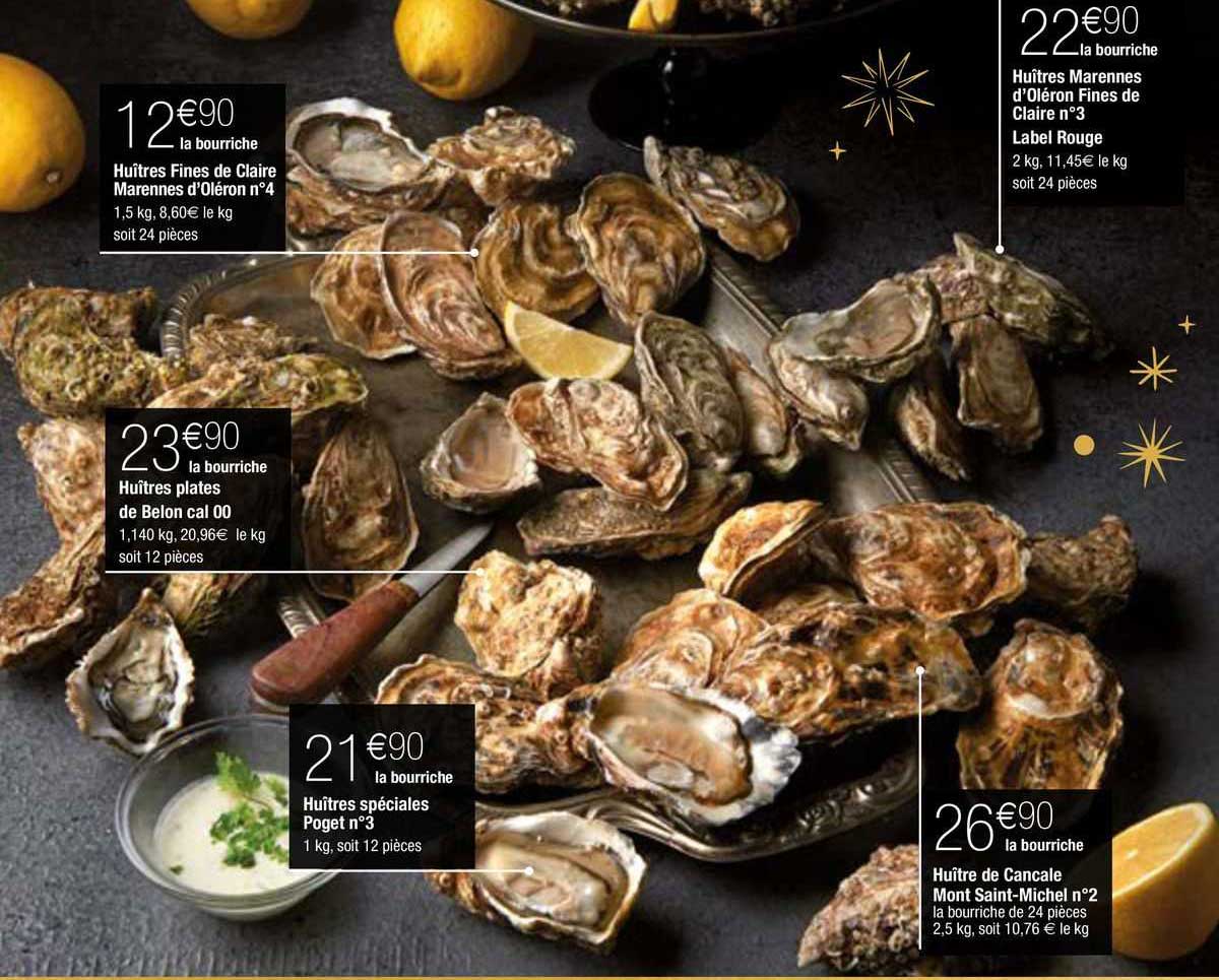 huîtres fines de claire marennes d'oléron n°4, huîtres plates de bêton cal 00, huîtres spéciales poget n°3, huîtres de cancale mont saint-michel n°2, huîtres marennes d'oléron fines de claire n°3