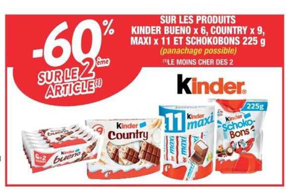 kinder bueno x6, country x9, maxi x11 et schokobons 225 g