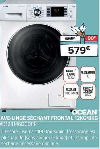 lave-linge séchant frontal 12 kg / 8 kg océan