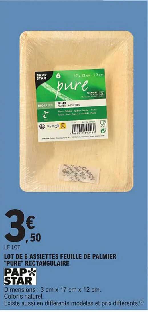 lot de 6 assiettes feuille de palmier "pure" rectangulaire pap star