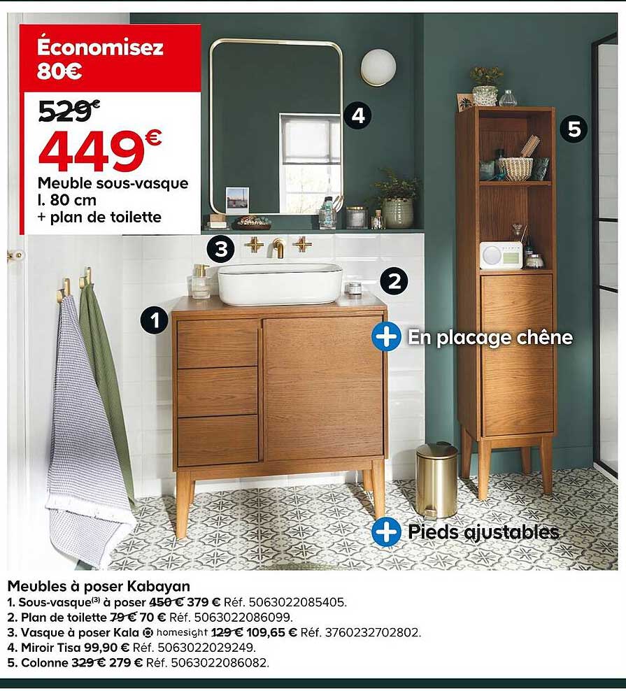 meuble sous-vasque l.80 cm + plan de toilette kabayan
