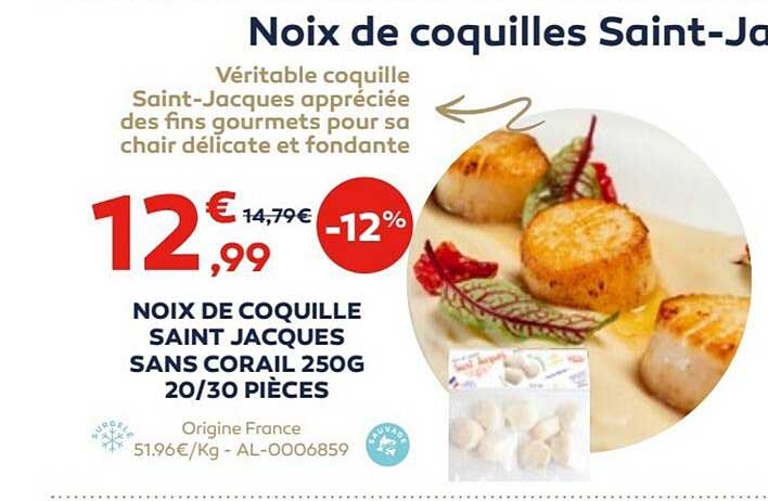 noix de coquille saint jacques sans corail 250 g 20/30 pièces
