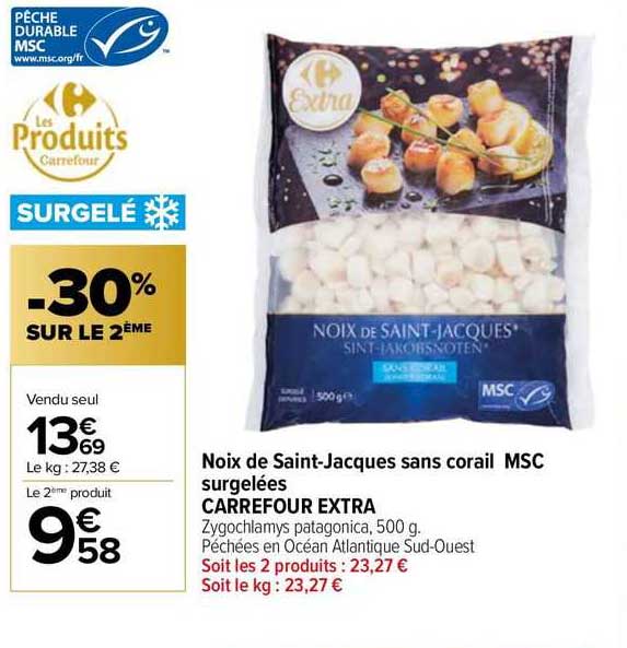 noix de saint-jacques sans corail msc surgelée carrefour extra