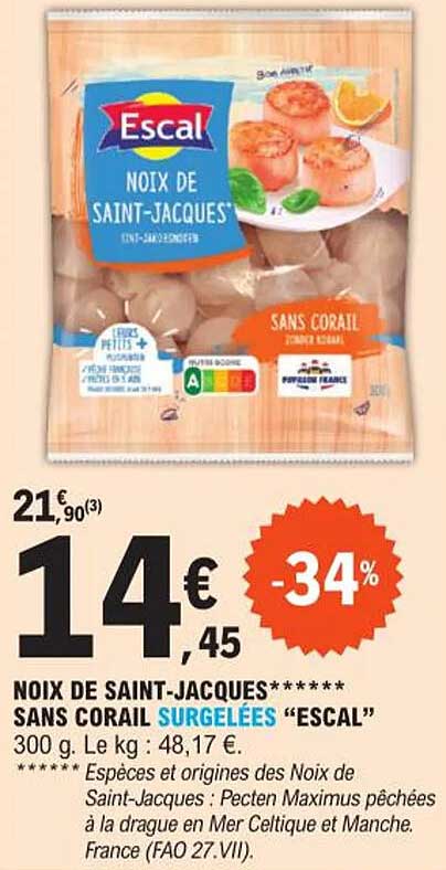 noix de saint-jacques sans corail surgelées "escal"