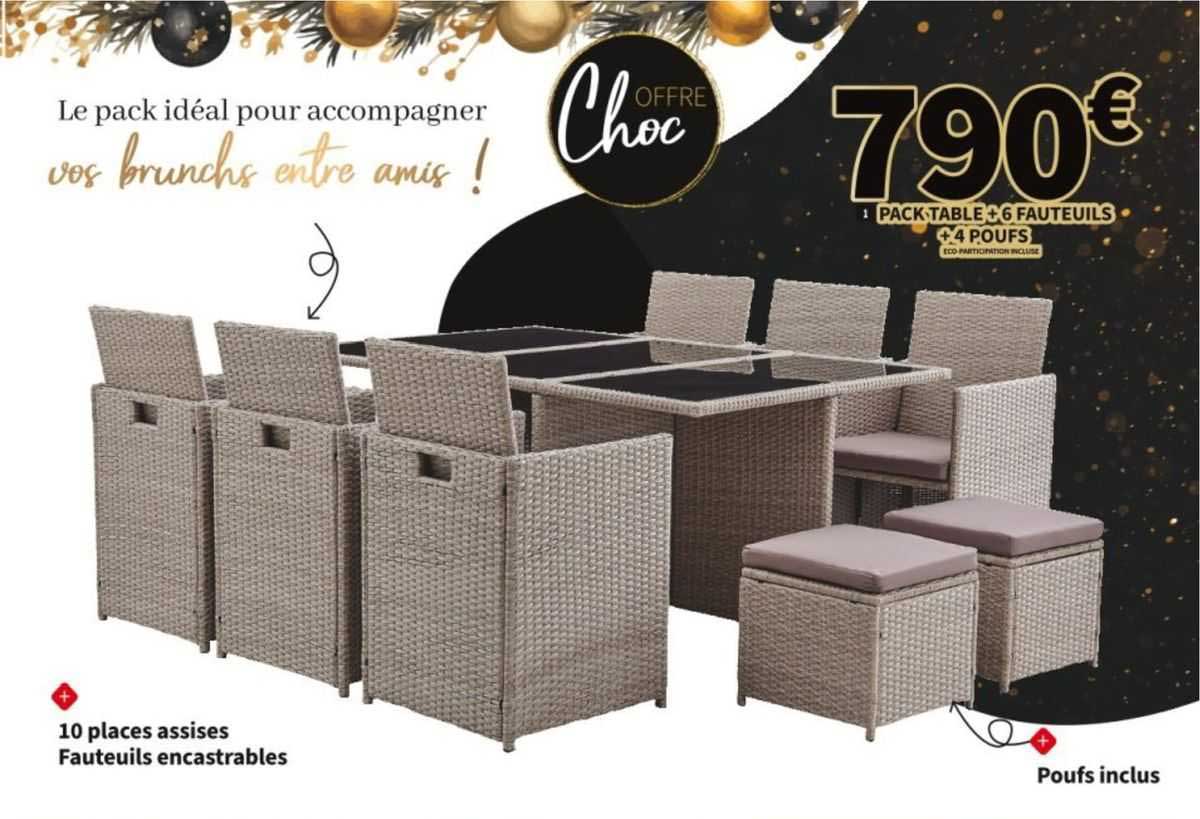 pack table + 6 fauteuils + 4 poufs
