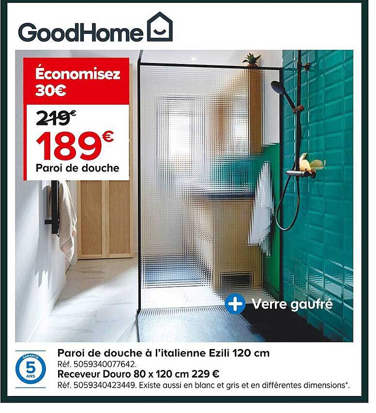 paroi de douche à l'italienne ezili 120 cm goodhome