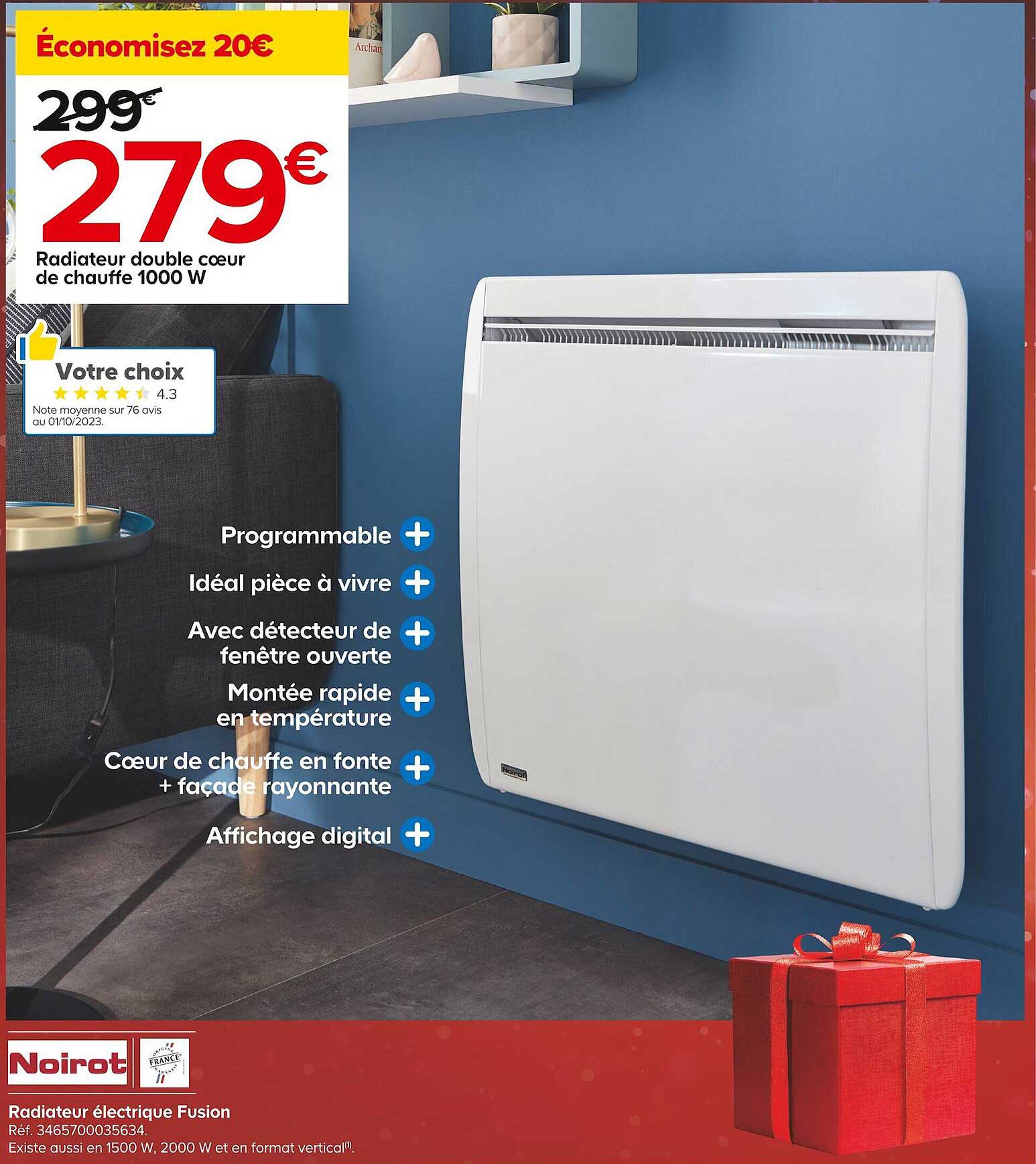 radiateur double cœur de chauffe 1000 w électrique fusion noirot